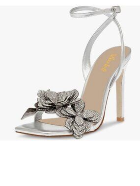 miss left Silver Rhinestones Stiletto Heel Sandals with Strap Buckle Flower Shoe